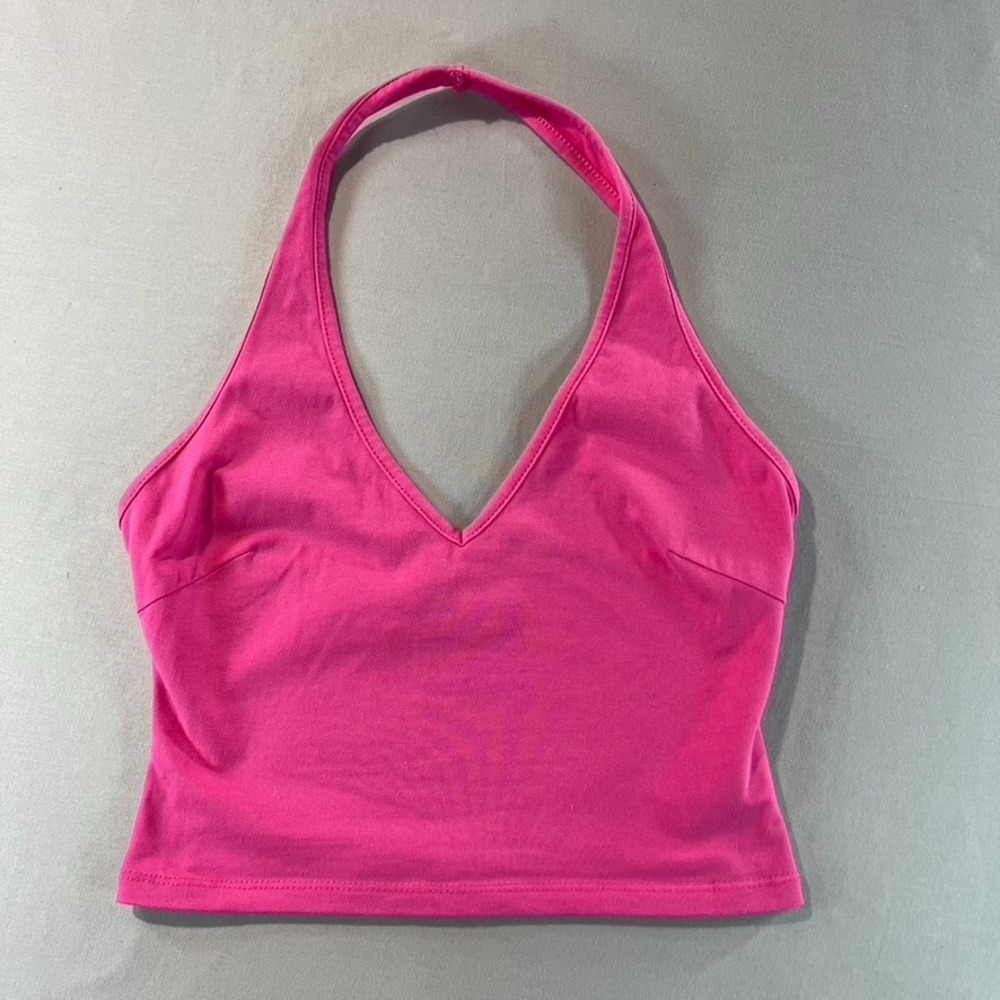 Princess Polly Pink Halter‎ Crop Top Size 4 V-Neck Cotton Blend Sleeveless